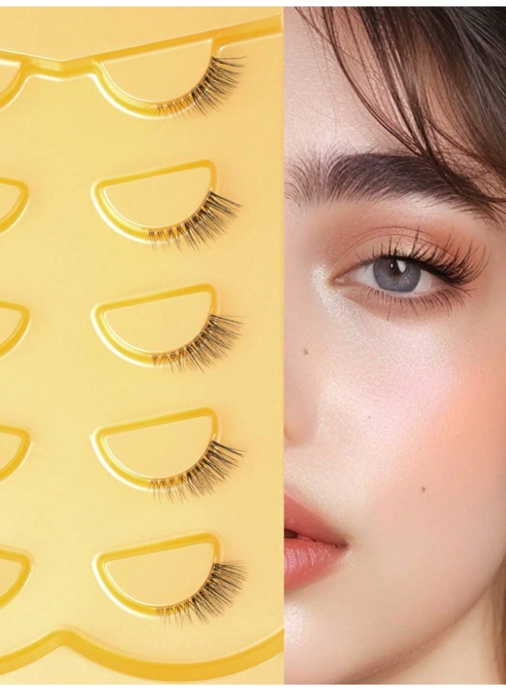 5 Pairs Wispy Natural Short Catseye Faux Mink Eyelashes - With Invisible Transparent Band for a Seamless Look