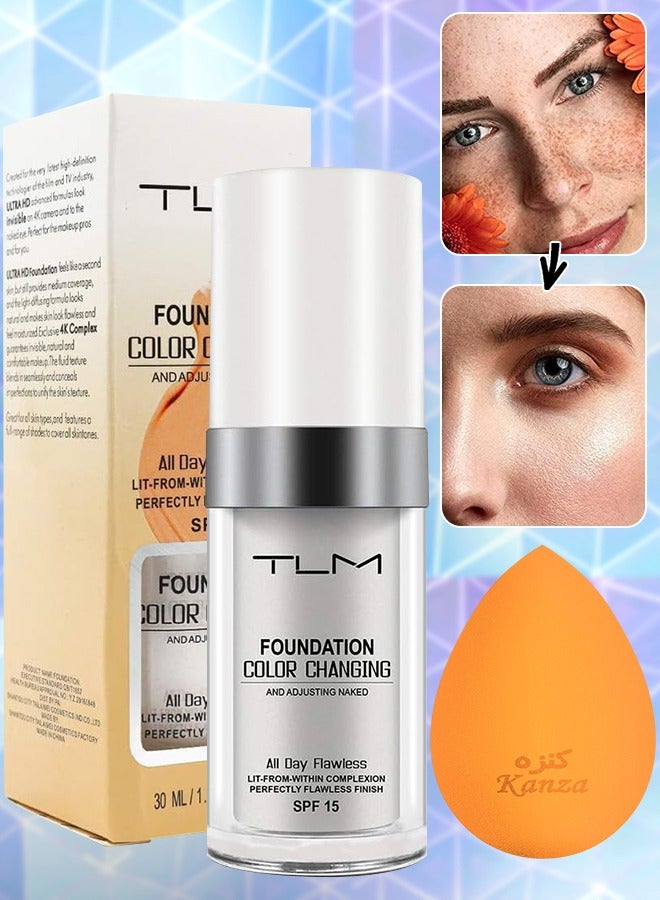 Color Changing Liquid Foundation with Makeup Sponge Oil Control Face Cover Concealer Natural Color Face Primer Base Face Cream Concealer Cover Cream Moisturizing Liquid Foundation 30ml