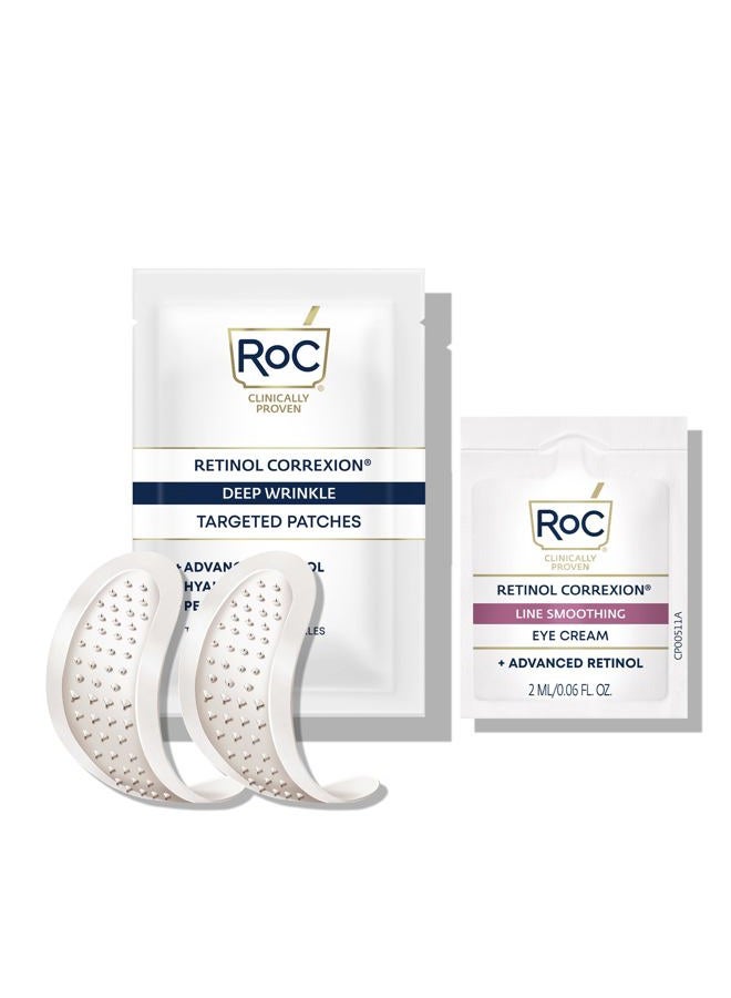 Retinol Correxion Deep Wrinkle Non-Invasive Targeted Patches with Hyaluronic Acid + Firming Peptides for Forehead, 11 Lines, Crow's Feet and Laugh Lines, (6 Patches) with Retinol Eye Packette