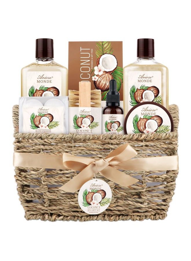 Bath & Shower Spa Basket Gift Set, Coconut Scent, with Shower Gel, Bubble Bath,Body Lotion, Bath Bomb,Bath Salt, Bath and Body Gift Box for Women