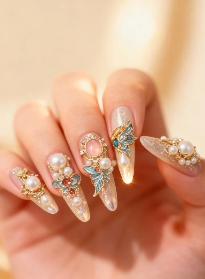 Orangelife Imperial Luxe Nails Kit – 10pcs Sculpted Press-On Nails with Swarovski Crystals & 3D Embossed Gold Art | Elite Couture Nailwear Collection