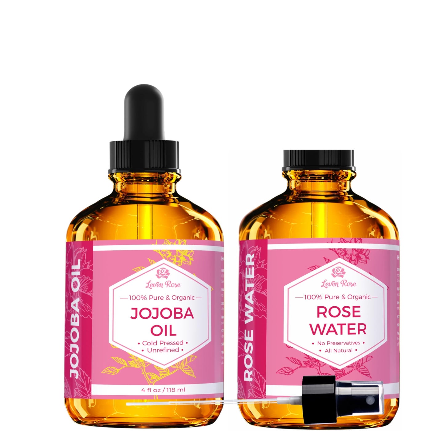 Jojoba Oil + Rose Water for Face Facial Toner Bundle by Leven Rose - Jojoba Moisturizer for Skin Hair Body and Nails 4 oz & Pure Moroccan Rosewater 4 oz