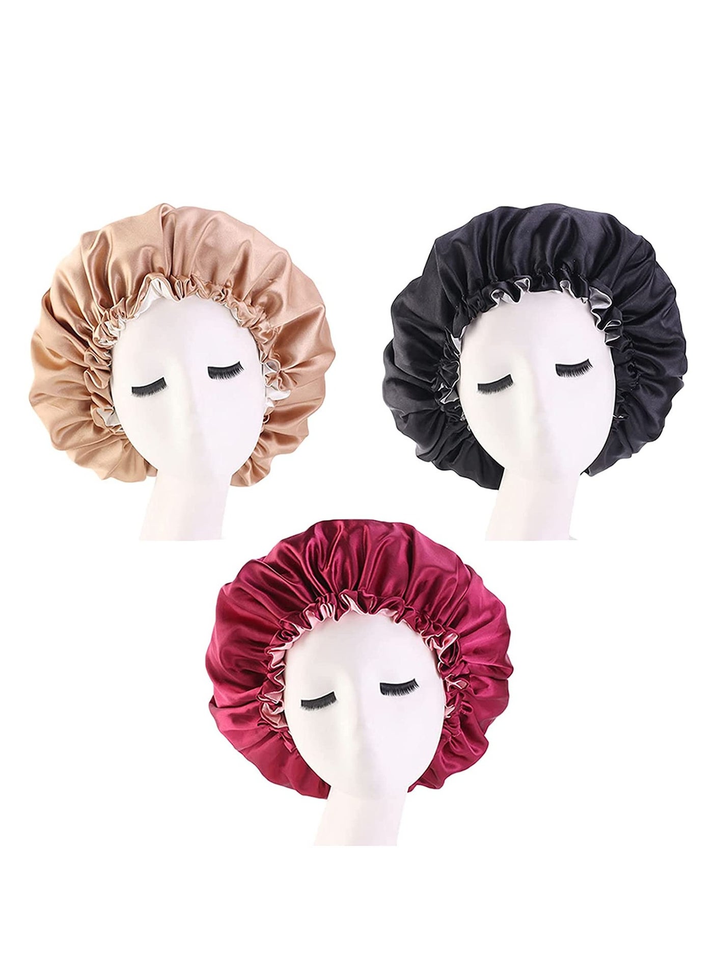 3-Piece Satin Bonnet Adjustable Sleep Cap for Women