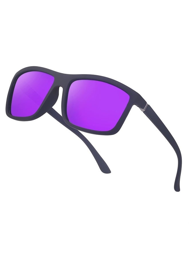 Square Polarized Sunglasses For Men Women UV400 Anti-UV Protection Spring Hinge Design Rectangular Lens For Driving Cycling Surfing Sports Wayfarer Outdoor Shades Sporting Glasses(MatteBlack/Purple)
