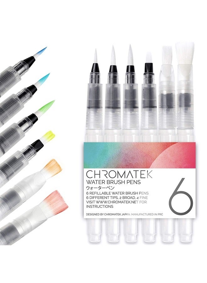 Water Brush Pens by Chromatek. Set of 6 Aqua Pen Painting Brushes. Including Online Video Tutorials and Downloadable Picture Templates. Ideal for All Water Soluble Pigment and Watercolor Media.