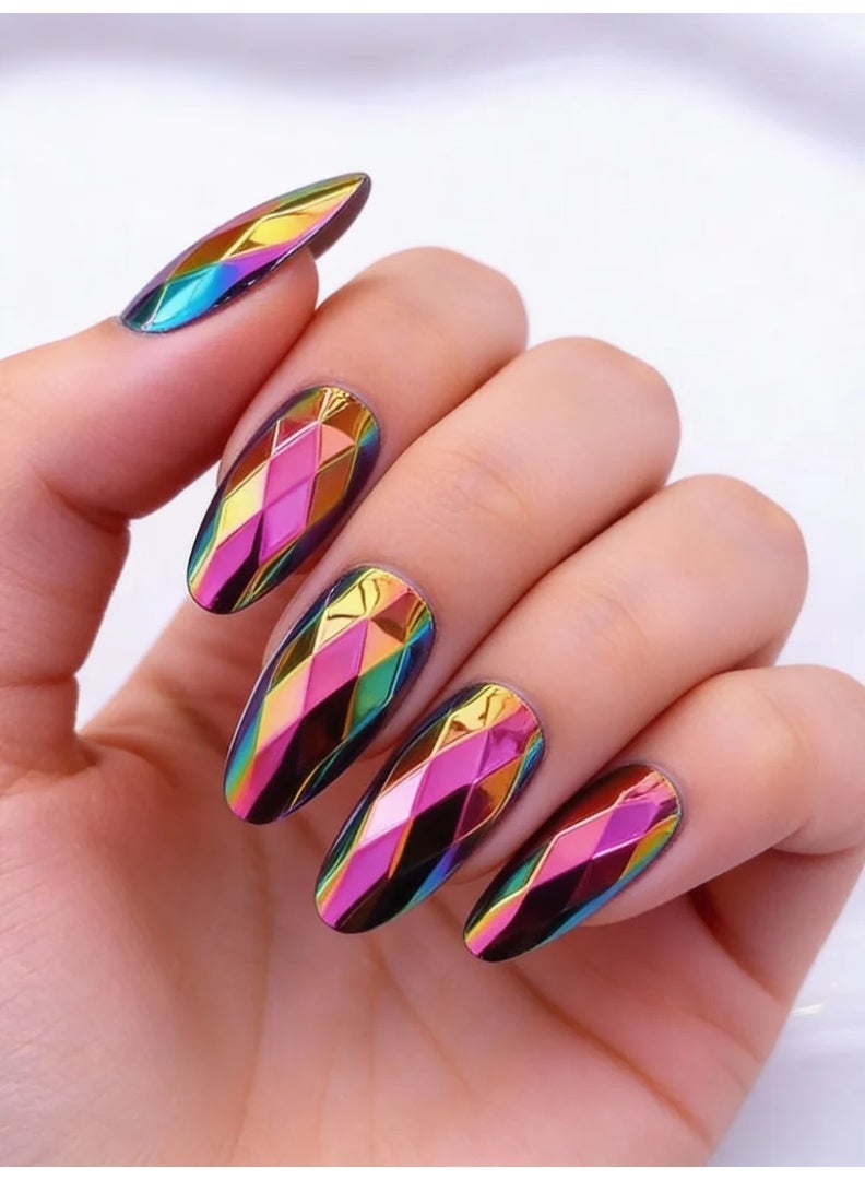 Iridescent Chrome Press On Nails Long Almond Shape, Multicolor Mirror Metallic Fake Nails with Holographic Rainbow Finish, Glossy Acrylic Stick On Nails for Party, Festival, Club, Fashion Styling, Reusable Artificial Nails Set for Women