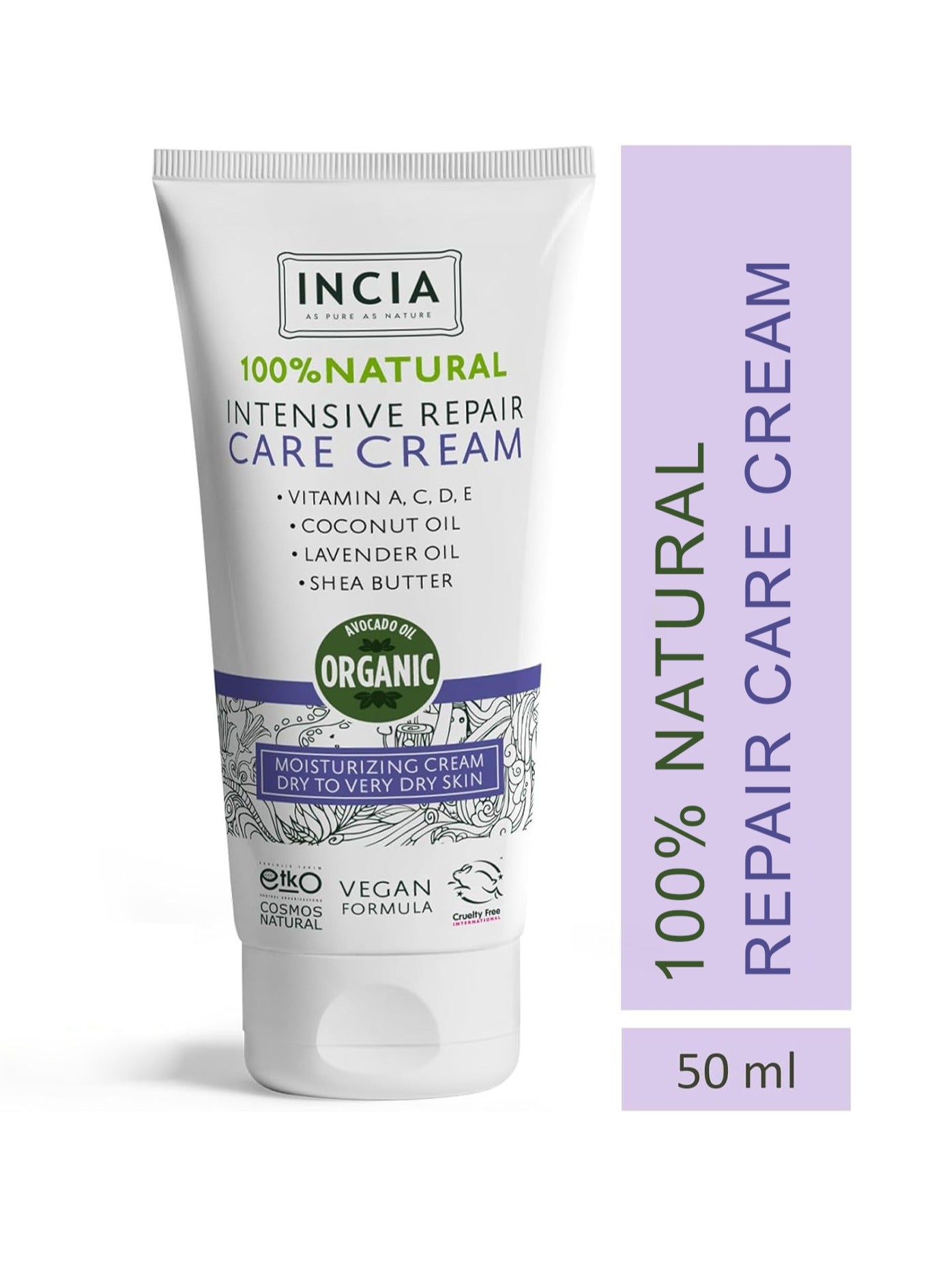 100% Natural Repairing Care Cream – Intensive Moisturizing Skin Care with Lavender, Avocado, and Shea Butter, Vegan – 50ml