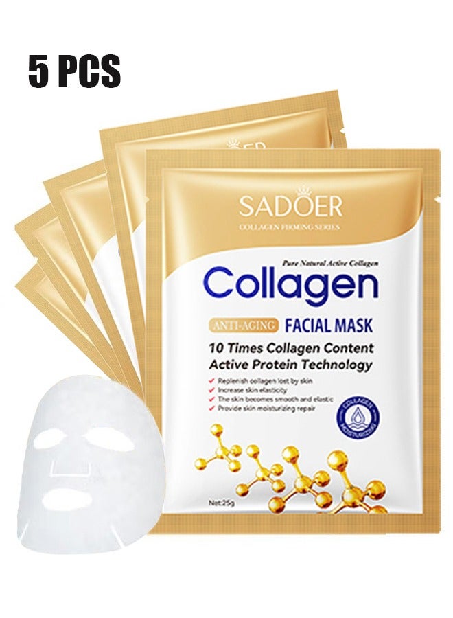 5 PCS Collagen Anti-Aging Facial Mask 25g, Wrinkle Hydrating Face Sheet Mask Skincare, Firming Anti Aging Face Sheet Masksfor Men & Women, Brightening Facial Mask for All Skin Types