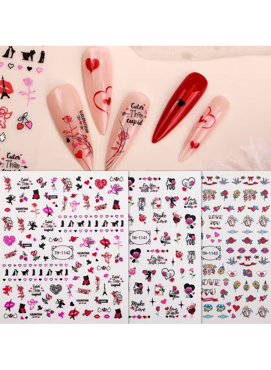 3pcs Valentine Heart Nail Art Sticker Love Letter Flower Cupid Nail Decals for Women DIY Manicure Decoration Accessories