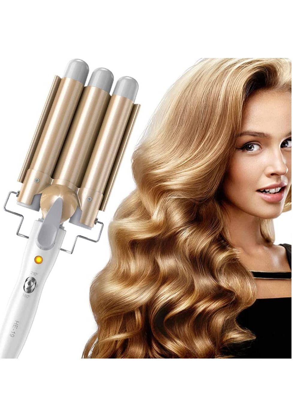 Three Barrel Hair Waver 25MM Big Wave Hair Curling Iron Wand with Two Speed Temperature Control, Ceramic Tourmaline Triple Barrels, Dual Voltage Crimp, Gold