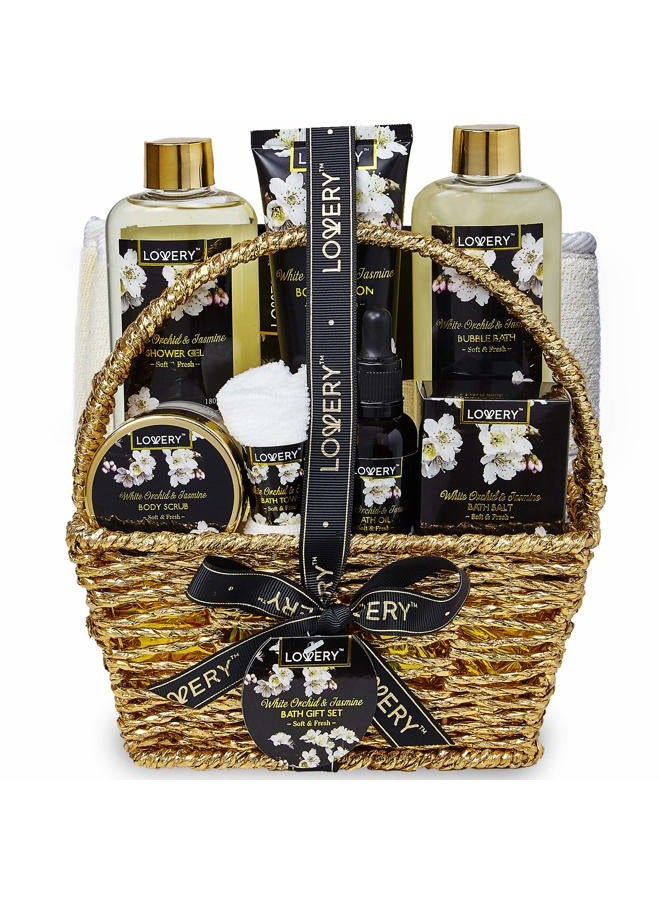 Birthday Gifts for Mom, Bath and Body Gift Basket for Women and Men – Orchid & Jasmine Home Spa Set With Body Scrubs, Lotions, Oils, Gels and More - Care Package for Women & Men - 9 Piece Set