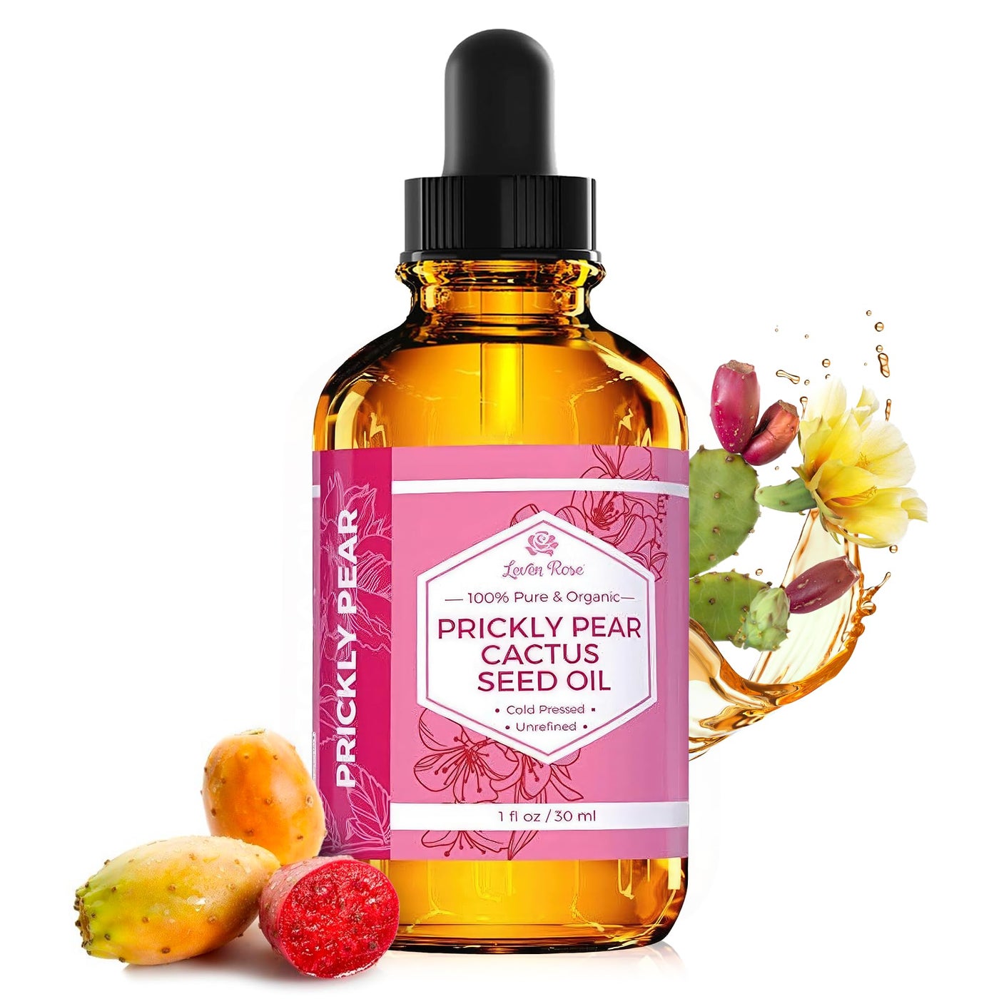 Leven Rose Prickly Pear Seed Oil (Barbary Fig) 100% Pure Organic Prickly Pear Oil, Extra Virgin, Cold Pressed, All Natural Face, Dry Skin & Body Moisturizer and Hair Treatment 1 oz
