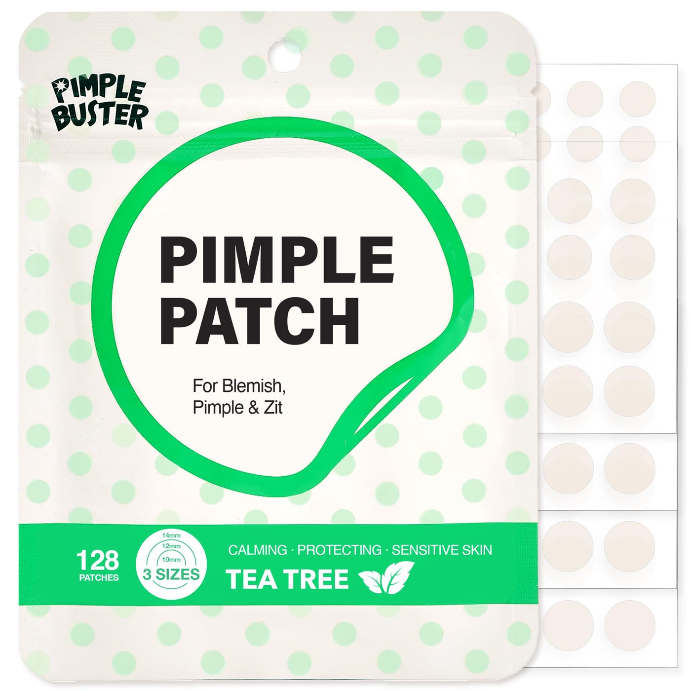 EBIN NEW YORK Pimple Buster Tea Tree Hydrocolloid Acne Patches for Face, 128 Pack (10mm, 12mm, 14mm), Absorb Zits, Shield Spot, All Skin Types