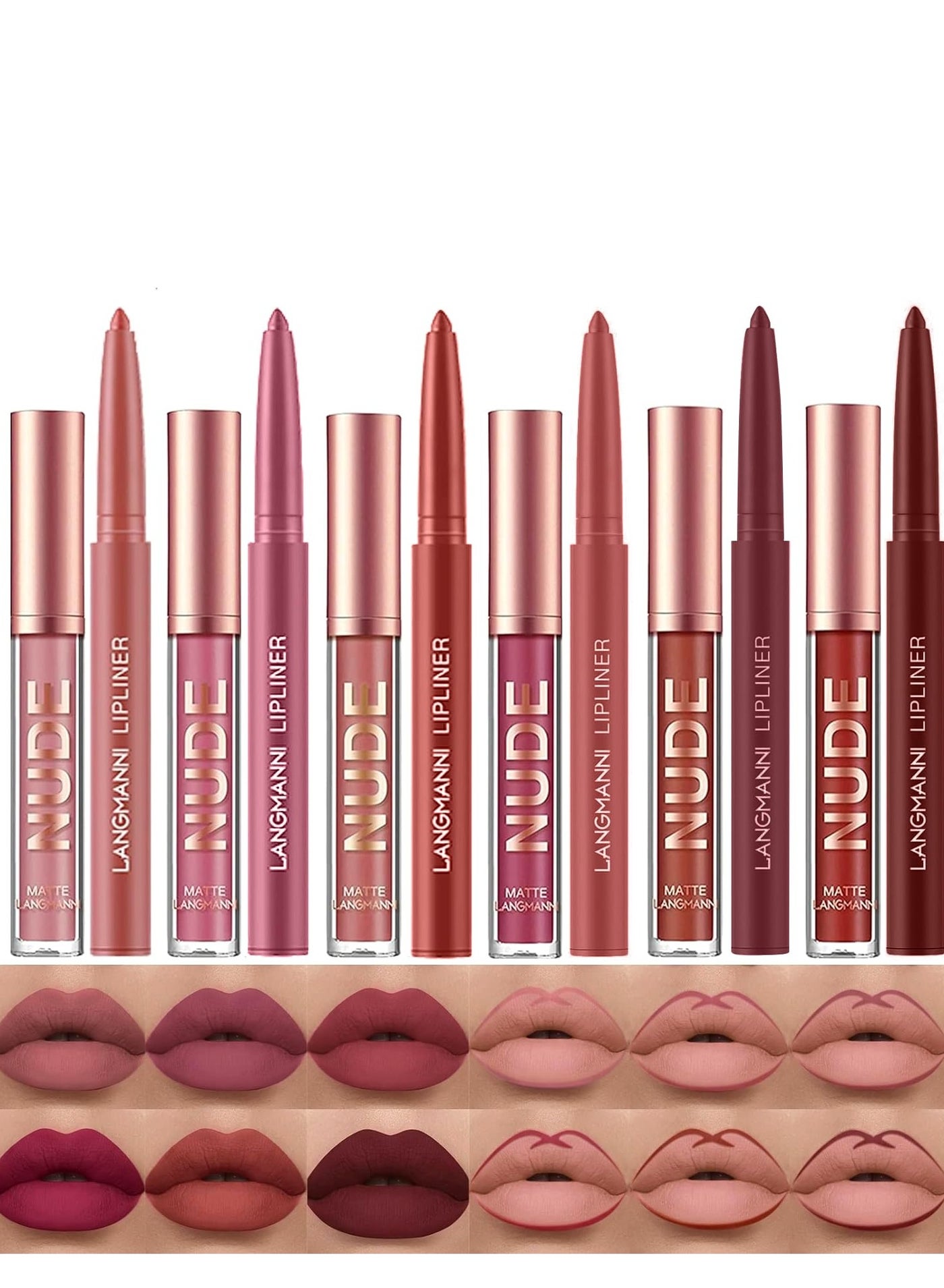 LANGMANNI 6 Matte Lipstick with 6 Lipliners Durable Makeup Set,Long-Lasting Non-Stick Cup Not Fade Waterproof Pigmented Velvet Lipgloss Kit Beauty Cosmetics Makeup Gift for Girls (#A)