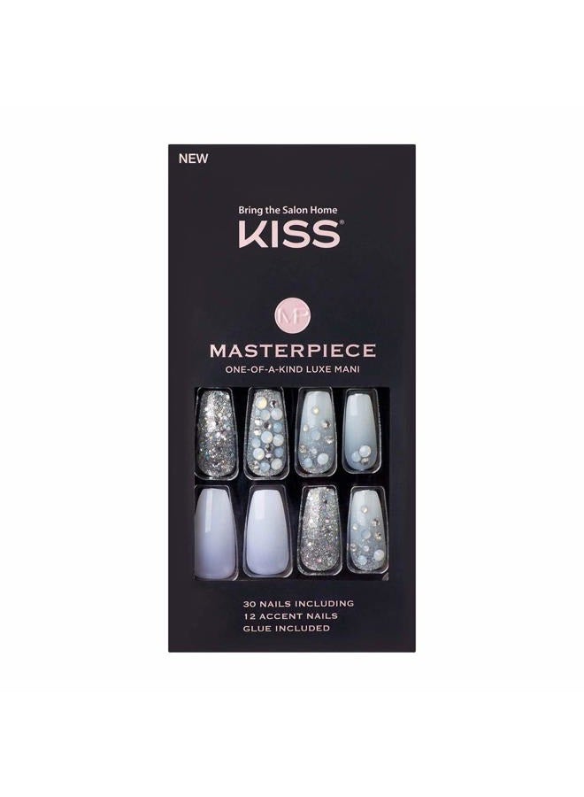 Masterpiece One-Of-A-Kind Luxe Mani, Long Length, Premium Acrylic Fake Nails, Style “No.1”, with Pink Gel Nail Glue, Manicure Stick, Mini File, & 30 False Nails Including 12 Accent Nails