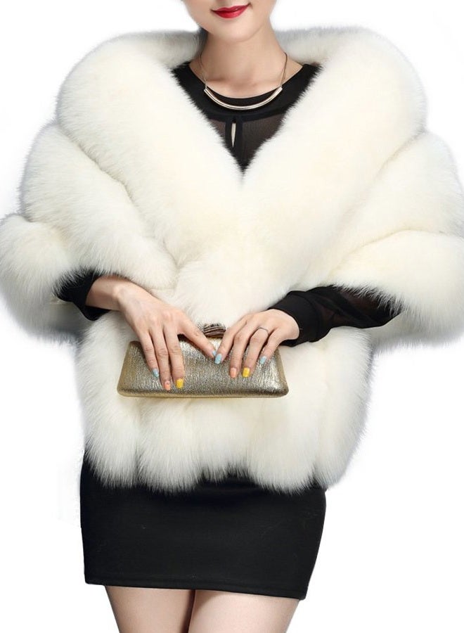 Women's Luxury Party Faux Fox Fur Long Shawl Cloak Cape for Winter Whiter A