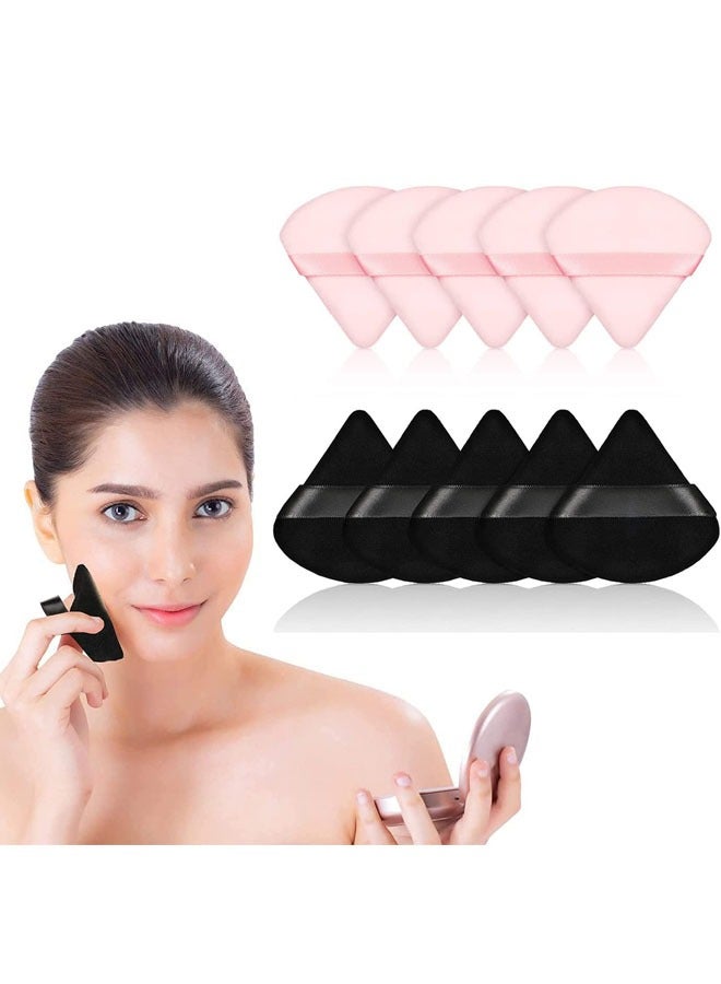 Pure Powder Puff Face Triangle Soft Makeup Powder Puff for Loose Powder Mineral Powder Body Powder Makeup Tool with Strap(Black and Pink - 10 Pcs)