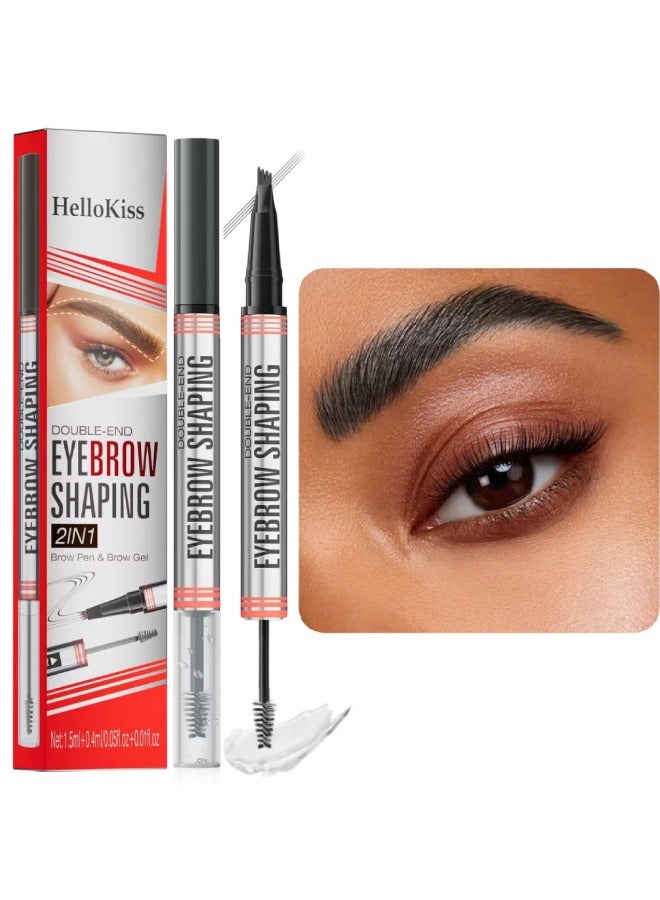 Double End Eyebrow Shaping 2 in 1 4 Tip Head Brow Pen and Eyebrow Gel Clear Brow Styling Gel and Eyebrow Color Ink Pen Hair Like Strokes Smooth Stroke Liquid Eyebrow Pencil Grey 03