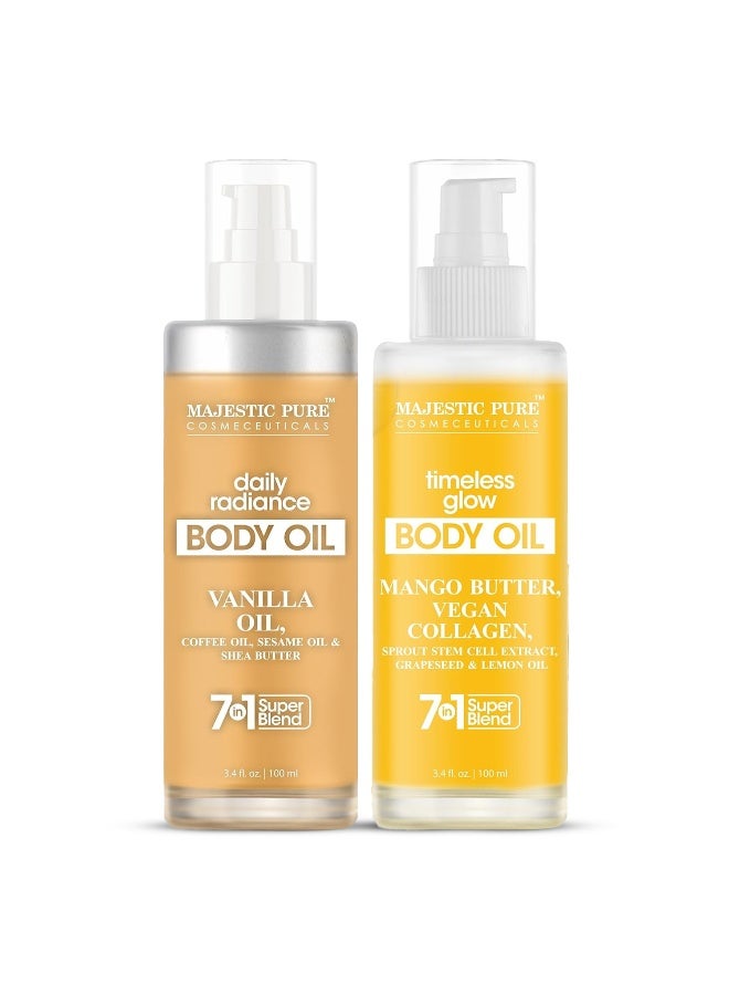 Majestic Pure Vanilla & Timeless Glow Body Oil Combo Set | 100ml Each | Shea Butter, Coffee & Sesame Oil | Firming, Moisturizing & Skin Repair | After Shower Oil for Women & Men