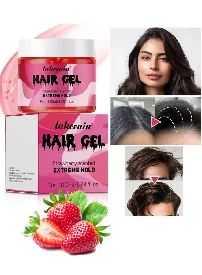 100ml Hair Styling Gel Strawberry Scented Extreme Hold Hair Gel, Hair Edge Control Curl Enhancement Strong Hold Hair Finishing Gel Moisturizing Refreshing Curling Styling Hair Gel