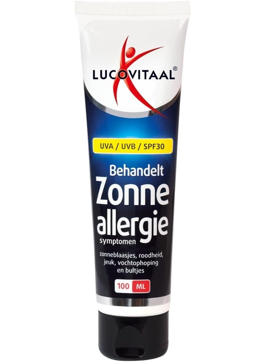 Sun Allergy Cream 100 ml, supports the skin’s immune system, treats hypersensitivity reactions, provides UVA & UVB SPF 30 protection, made in the Netherlands.