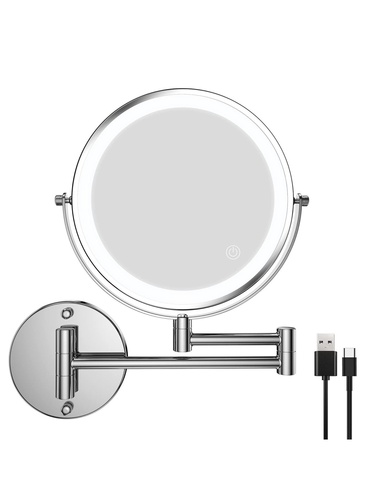 SYOSI Wall Mounted Lighted Makeup Mirror, Rechargeable 8 inches Bathroom Mirror 10X Magnification Mirror 360° Rotation Extendable LED Mirror with 3 Color Lighting/Touch Screen Dimming
