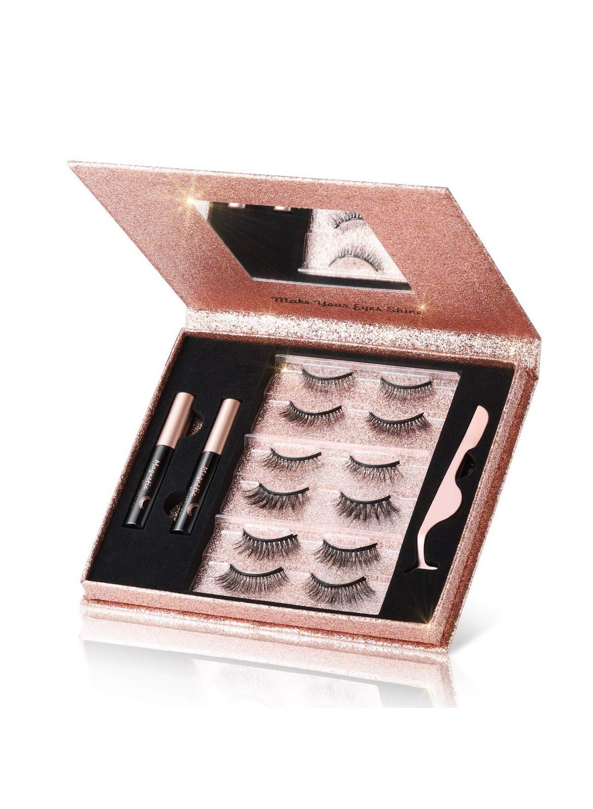 KASTWAVE Magnetic Eyelashes with Eyeliner, 6 Pairs 3D Natural Look Magnetic Lashes and Eyeliner Kit, 2 Tubes Long Lasting Magnetic Eyeliner 10mL, Mirror Box with Professional Tweezers - No Glue Needed