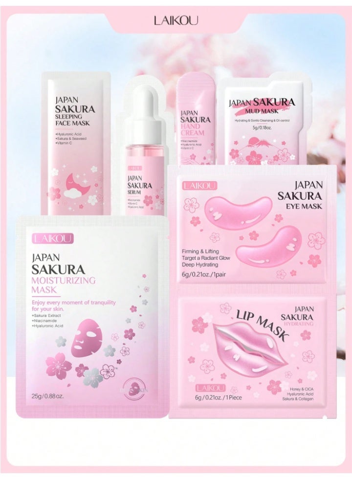 7Pcs Nourishing Skincare Set with Japan Sakura - Brightening Sleep Facial Mask, Hand Cream, Essence, Moisturizing Anti-Wrinkle Serum