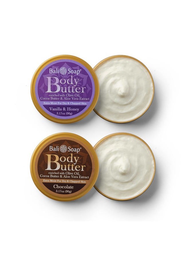 Chocolate & Vanilla Honey Body Butter - Scented Body Cream for Women & Men - Cocoa Butter Aloe Vera Extract, 2 Pack Gift Set 3.1 Oz Each