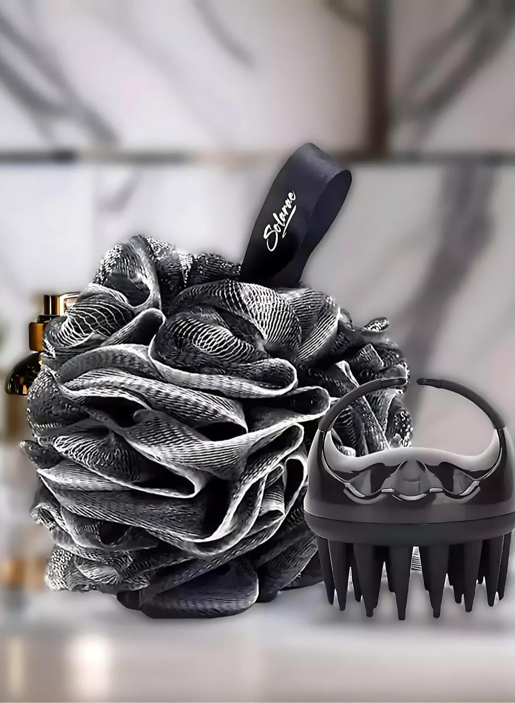 Charcoal Infused Scalp Brush soft Silicone Bristles and Bath Loofah Sponge Scrubber Exfoliator,  Body & Scalp Washing Scrubber for all Hair Types (BLACK)