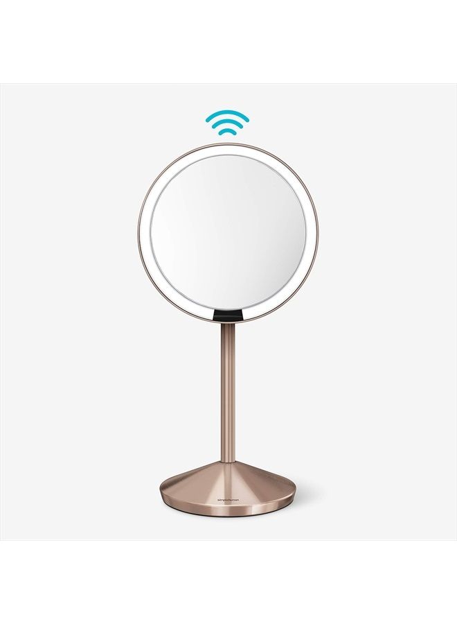 ,Free standing 5" Round Mini Travel Sensor Makeup Mirror, 10x Magnification, Rechargeable, Rose Gold Stainless Steel