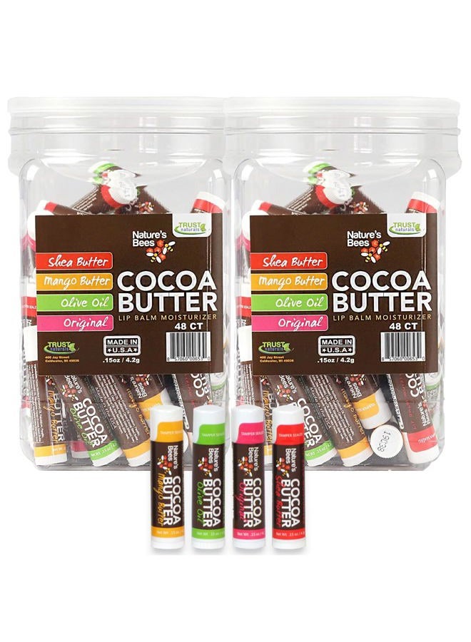 Cocoa Butter Lip Balm, Original, Shea Butter, Olive Oil and Mango, Bulk Lip Care Pack for Dry Lips, Made with Coconut Oil, Beeswax, Vitamin E, Aloe, 0.15 oz 4 Flavors, 96 Pack