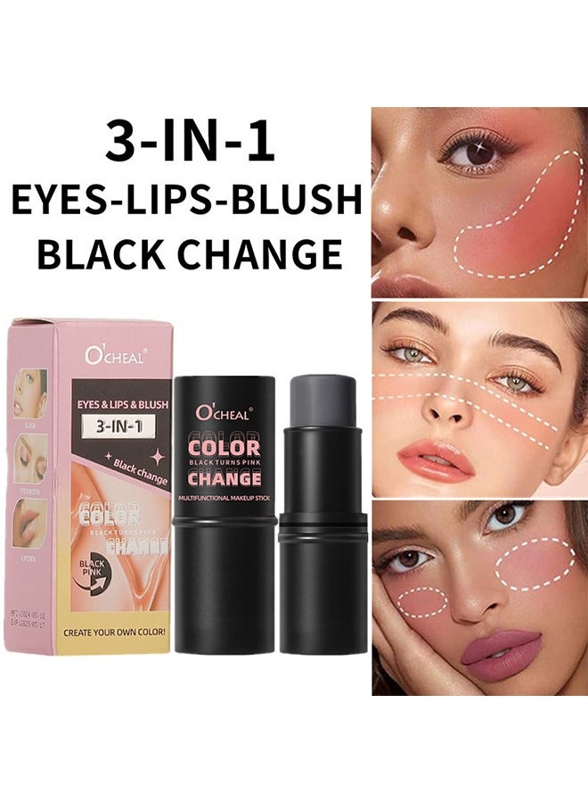 Eyes & Lips & Blush 3-IN-1, Multifunctional Makeup Stick,Eyes Lips and Blush Color Change from Black to Pink Make Up Stick, All Skin Color Changing Lipstick, Eyeshadow and Blusher Stick