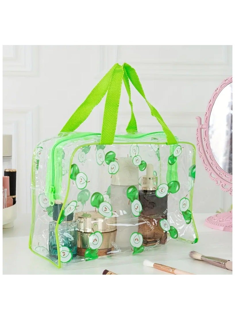 Clear Green Apple Print Makeup Bag With Handy Handle PVC Waterproof Large Capicity Storage Bag Travel Portable Toiletry Bag For Men And Women