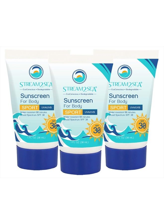 SPF 30 Mineral Sunscreen Biodegradable and Reef Safe, 1 Fl oz Travel Size Pack of 3, Paraben Free Non Greasy and Moisturizing Mineral Sunscreen For Face and Body Against UVA and UVB