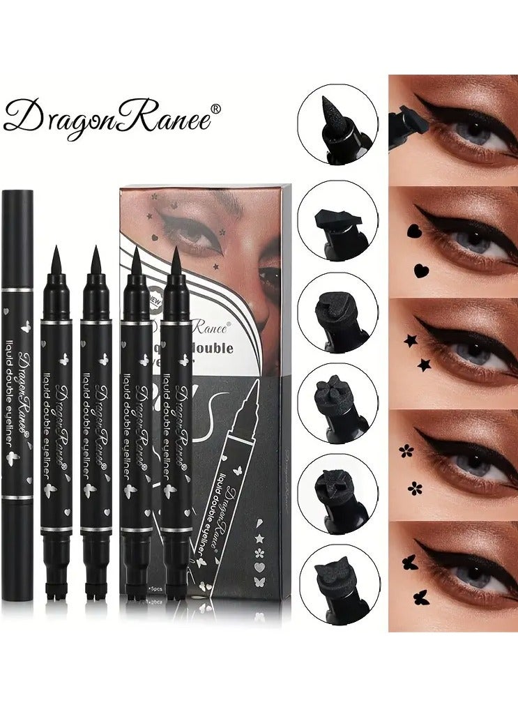 DragonRanee 5pcs Liquid Double-Headed Eyeliner Set, Waterproof, Smudge-Proof, Easy to Apply, Natural Makeup Effect, Black Tone, Star & Heart Patterns, Beginner Essential Kit