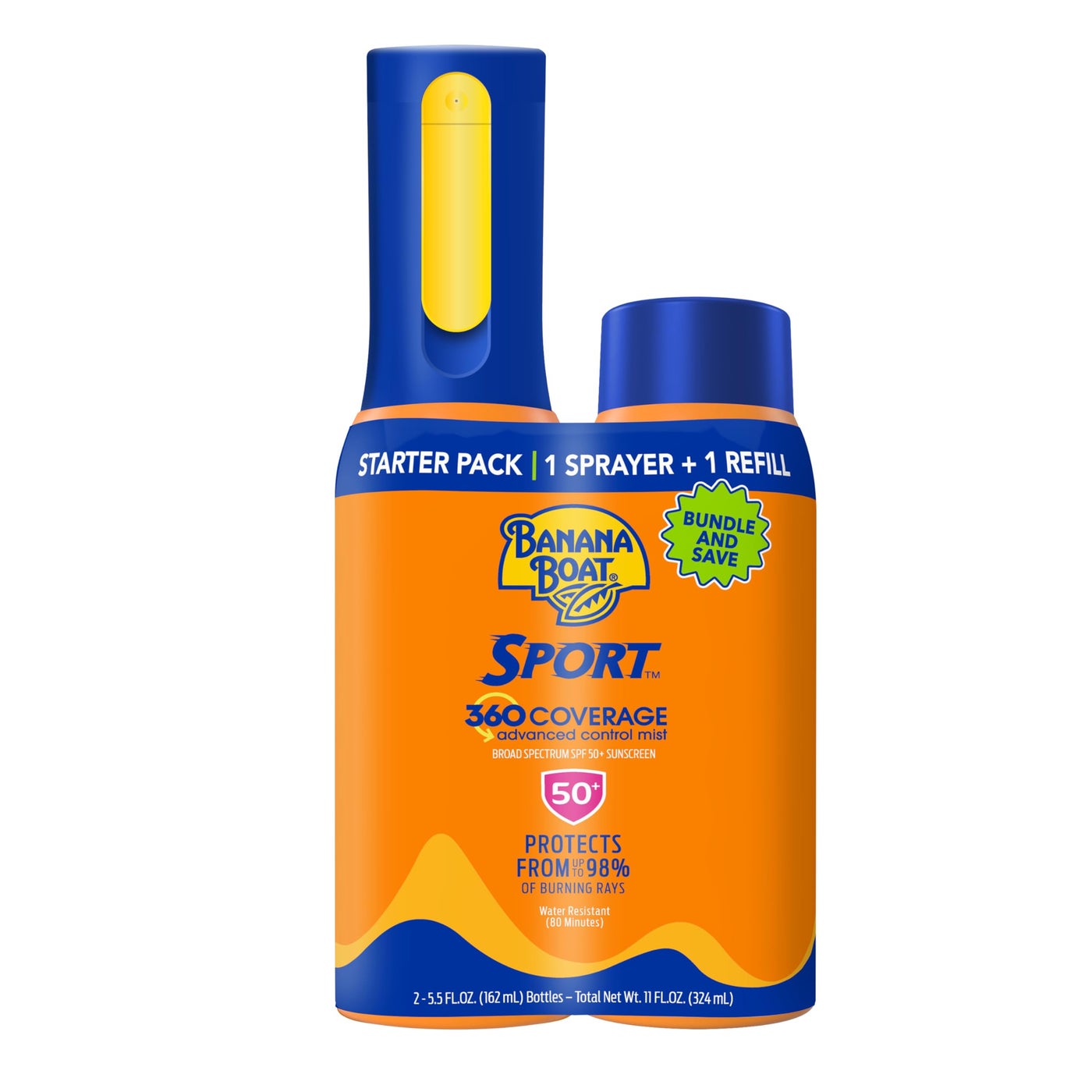 Banana Boat 360 Coverage Sport Sunscreen Mist SPF 50 Bundle | Non-Aerosol Sunscreen Spray with Refill, Sunblock Spray SPF 50, 5.5Fl Oz ea Bundle Pack