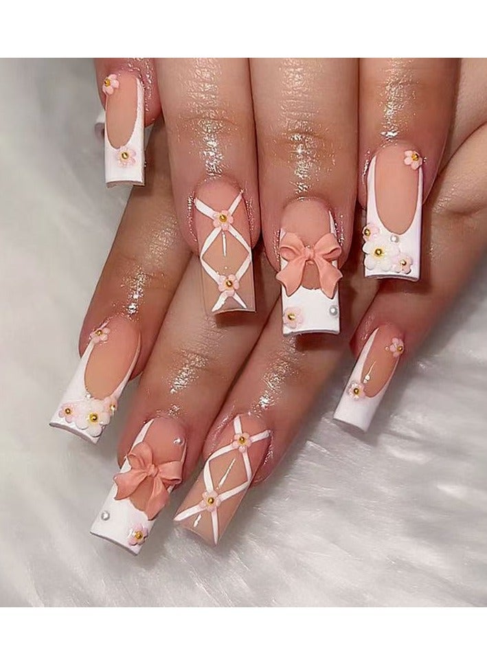 French Tip Press on Nails Short Square Shape Bow Charms Fake Nails with Print Designs Reusable Pink Bows False Nails Acrylic Nails Glue on Nails for Women Girls Reusable Nail Kit
