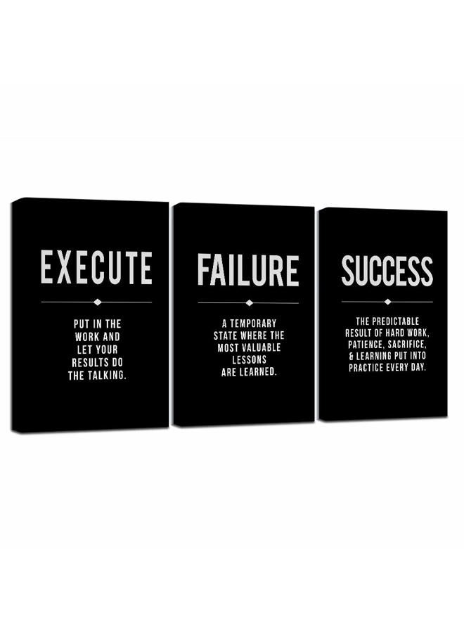 Framed Canvas Wall Art Success Quote For Office, Black Large Positive Motivational Poster, Set of 3, Execute Failure Definition, Inspirational Print (A-3pcs,12x16inchx3pcs)