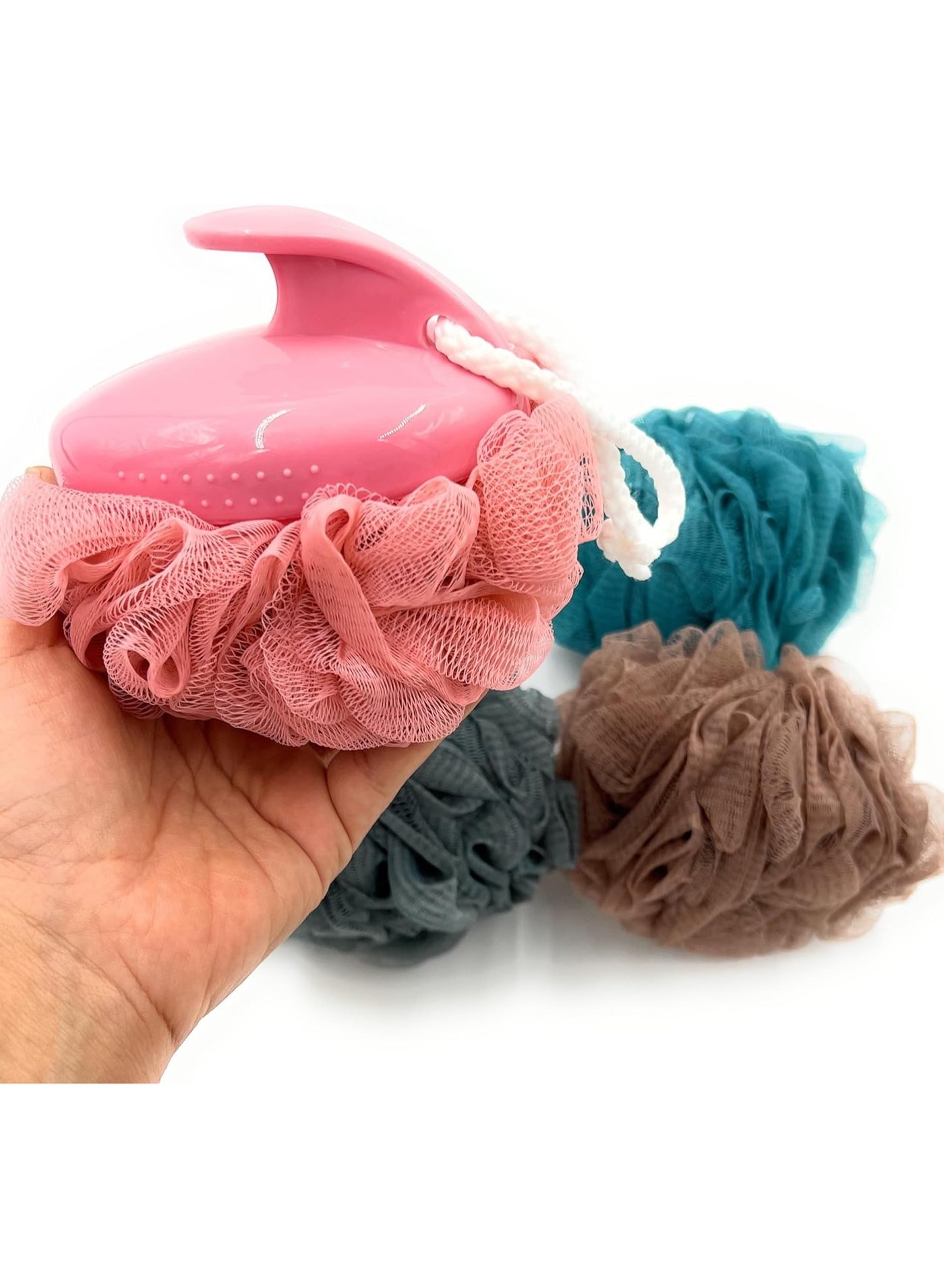 4 Pack Soft Fluffy Exfoliating Bath Ball Mesh Body Scrub Mesh Loofah Shower Sponge Ball Pouf Shower Wall Scrubber Exfoliating Mesh Sponge Body Cleansing Bath Bubble Ball Combo 3 With Handle