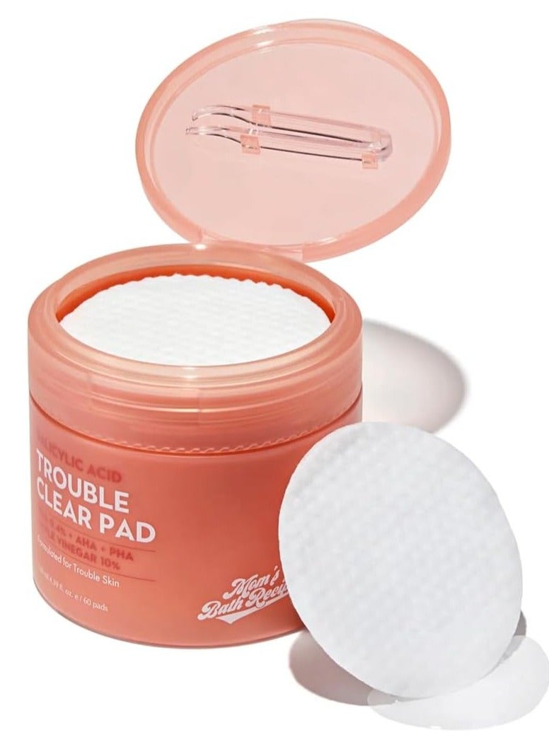 60pcs Korean Salicylic Acid Trouble Clear Pad - AHA BHA PHA Exfoliating Face Pads for Acne & Oily Skin - Removes Blackheads, Whiteheads & Clogged Pores