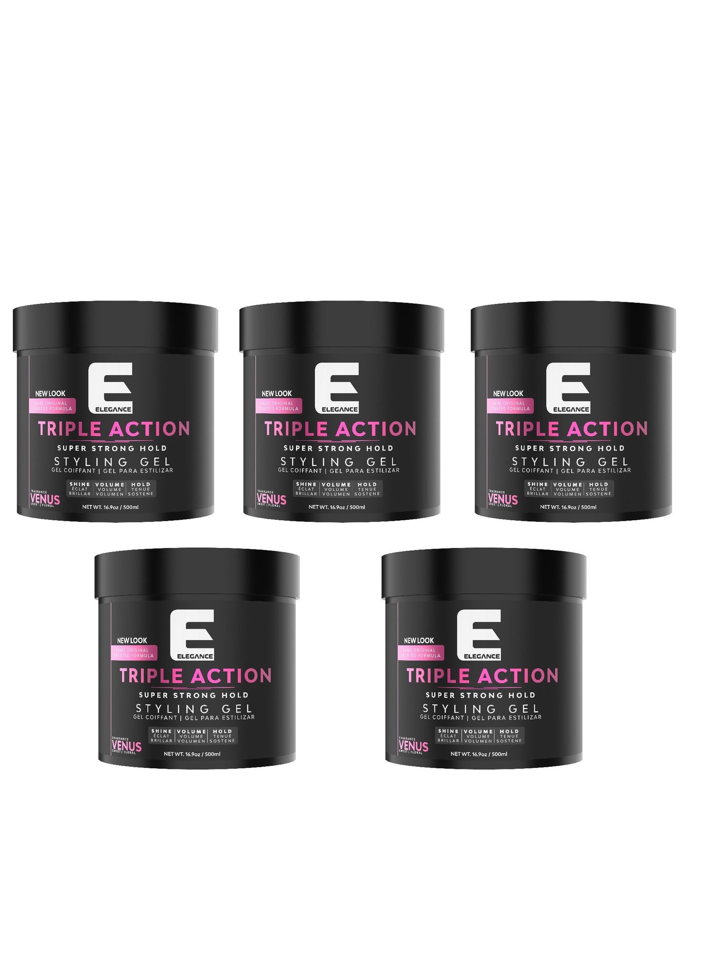 Elegance-E Series Venus Triple Action Styling Gel – 500ml – Pack of 5 | Super Strong Hold, Volume, Shine & Flake-Free Finish