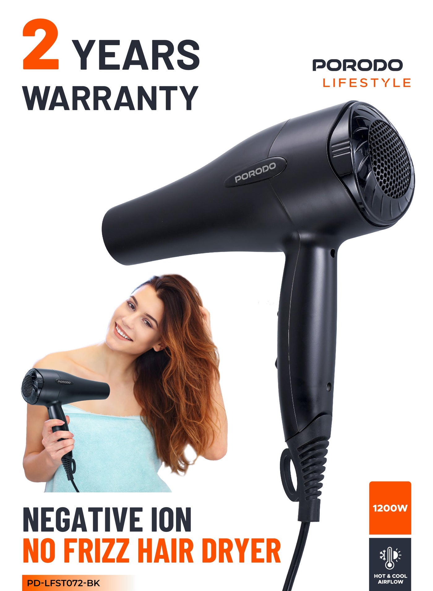 1200W Hair Dryer / Negative Ion / No Freeze Hair Dryer / Overheat Protection / Powerful Airflow /Hot & Cool/ Even Heat Distribution - Black