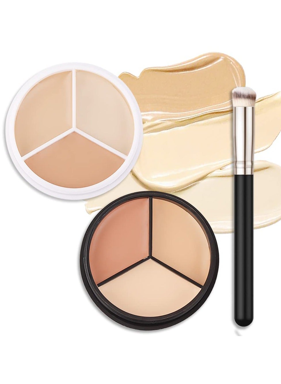 2pcs Tri-color Face Concealer Contour Palette With Brush for Light Medium Skin. Correct Cream Foundation Palet for Under Eye Dark Circles Eyelid Tattoo. Ivory Cream Makeup Plate corrector de ojeras