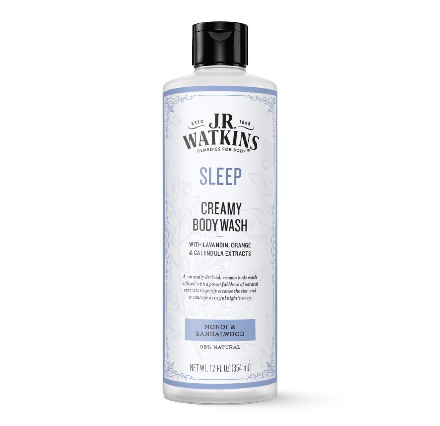 J.R. Watkins Sleep Creamy Moisturizing Body Wash, Cleanses & Encourages Restful Sleep, Natural Monoi & Sandalwood, 12 oz