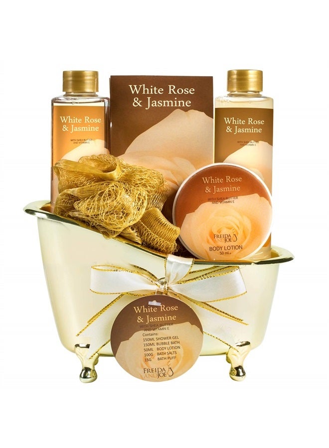 White Rose Jasmine Spa Set For Women Displayed in Elegant Gold Tub Includes Shower Gel, Bubble Bath, Body Lotion, Jasmine Bath Salt and Pouf, Award Winning Bath and Body Set