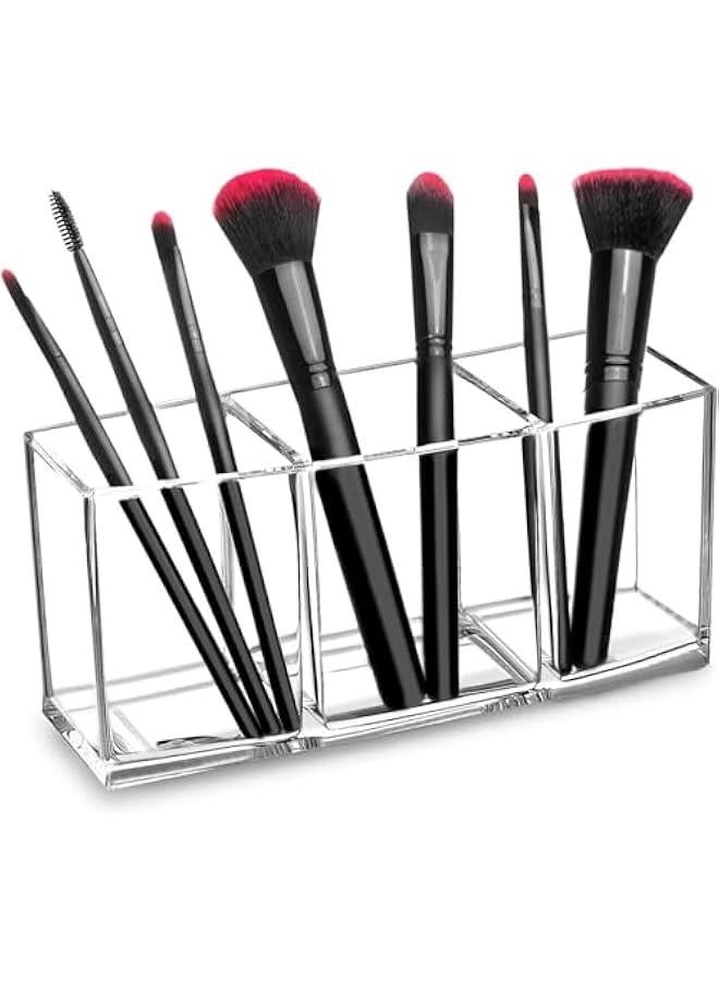 Acrylic Makeup Brush Organiser, Eyeliners Display Holder, Clear Cosmetic Storage with 3 Slots (Rectangular)
