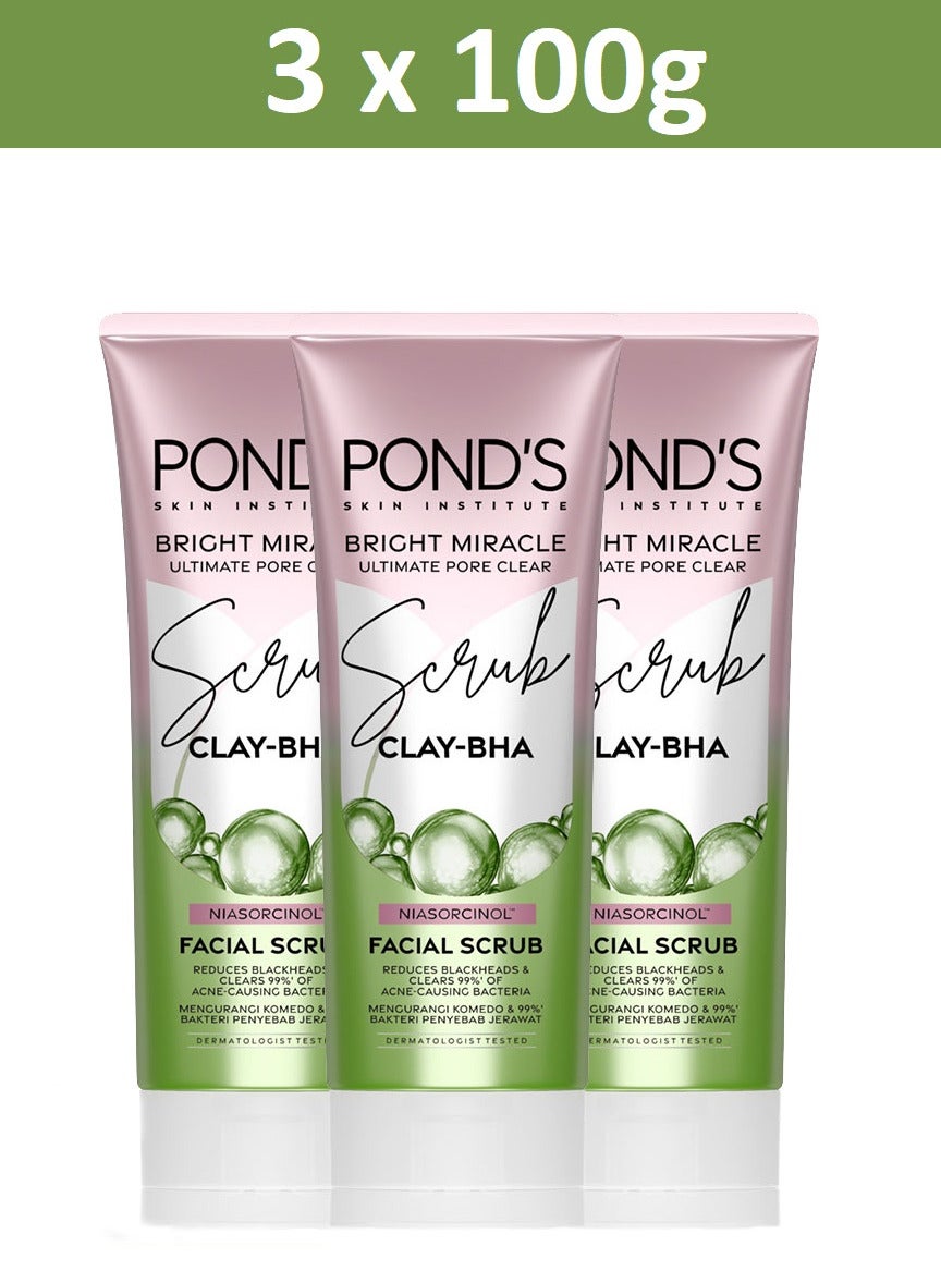 Bright Miracle Ultimate Pore Clear Scrub CLAY-BHA Niasorcinol Facial Scrub Reduces Blackheads & Clears 99% Of Acne-causing Bacteria 100g X 3