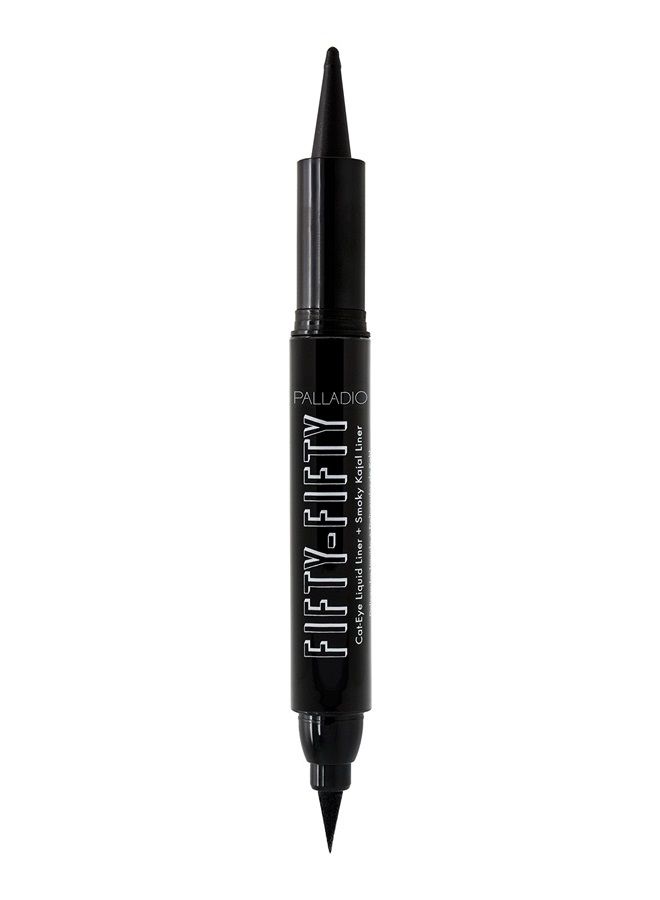 Fifty-Fifty Eye Liquid Liner, Dual Ended, Professional Eye Styling, Ultra-Soft Kajal crayon and Super Precise Fiber Tip Liner, Smoky and Defined Looks, Smudge Proof, Quick Drying, Black Cat
