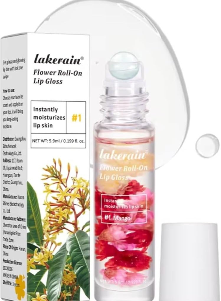 Flower Roll on Lip Gloss Mango Reduce Drying Instantly Moisturizes Lip Skin Hydrating Lip Protector Lip Gloss Lip Oil Clear Long Lasting Sweet Taste Lip Serum Real Flower Lip Oil 01